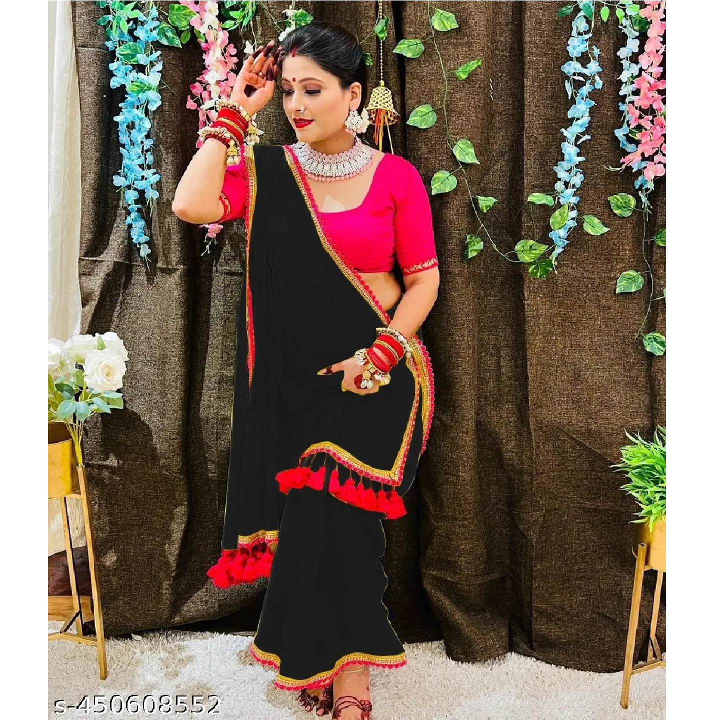 Black Solid Georgette Red Lace Saree